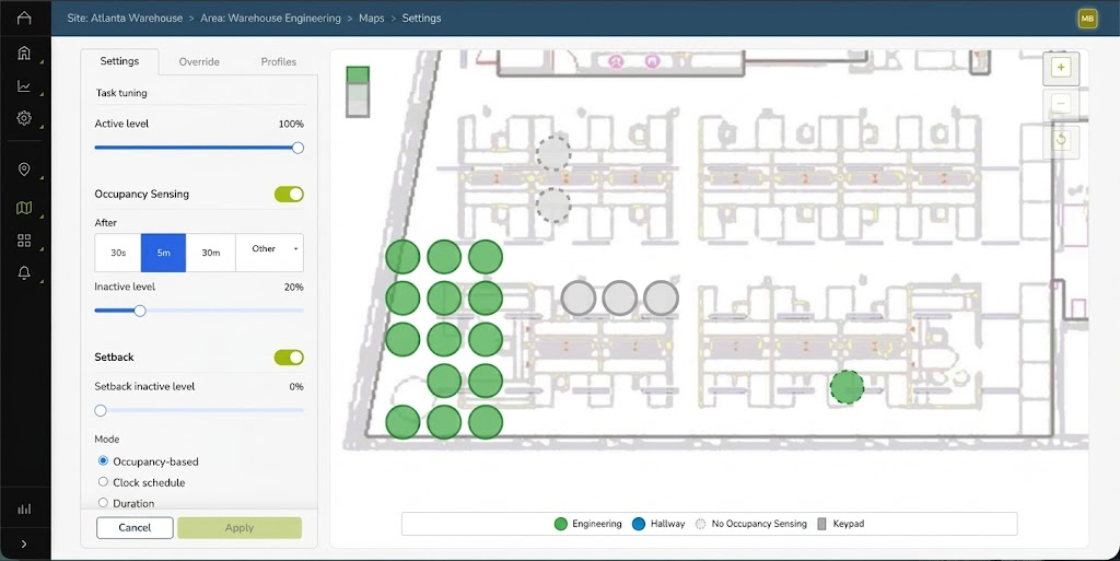 SiteWorx Fast Tune settings map with occupancy sensing and setback controls on a warehouse floor plan