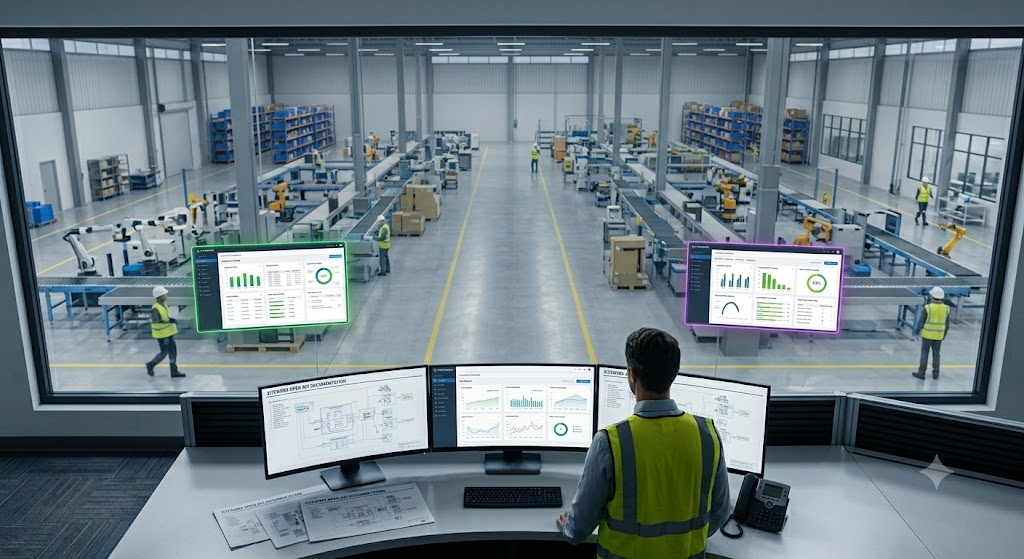 Operator reviewing SiteWorx Open API documentation in a manufacturing control room