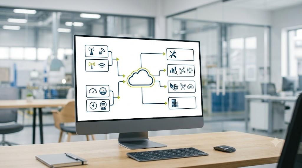 Diagrama de flujo de datos empresarial que muestra los sensores de las instalaciones que se conectan a través de la nube a CMMS, BI, sostenibilidad y sistemas de construcción