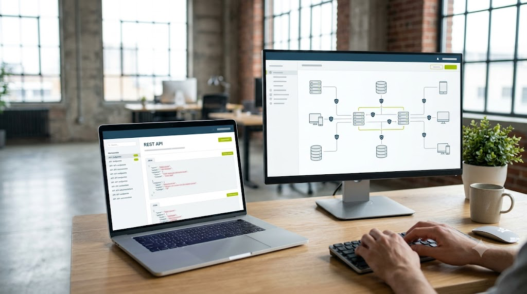 Espacio de trabajo para desarrolladores con documentación REST API y arquitectura de integración segura en monitores duales